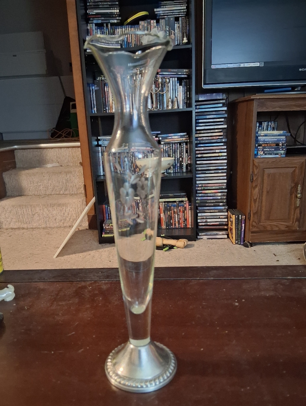 Etched Crystal Bud Vase With Sterling Silver Weighted Base